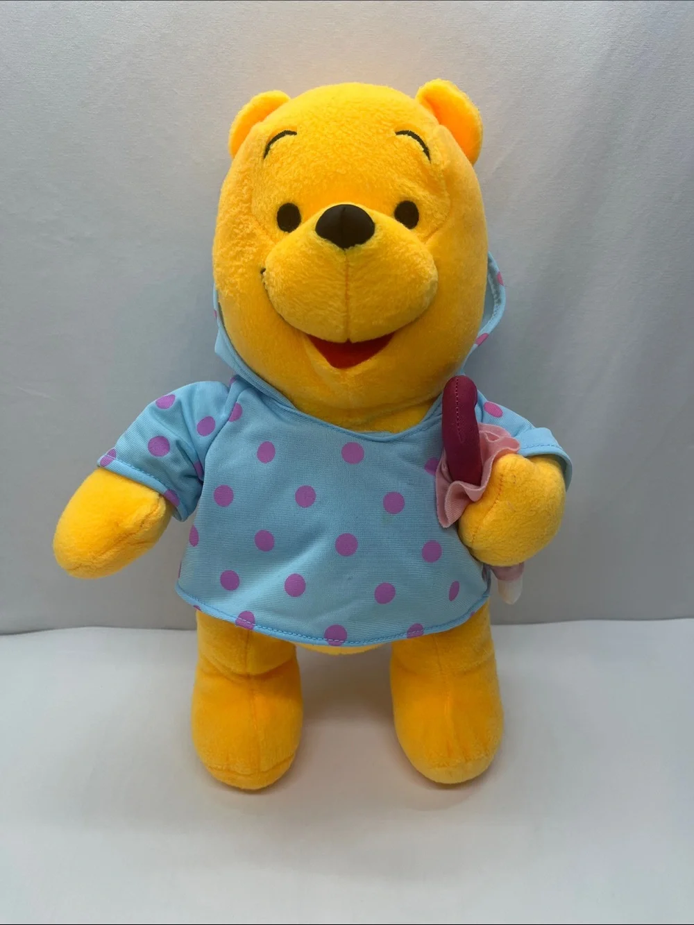 Disney Winnie The Pooh Plush With Blue Polka Dot Raincoat and Umbrella-